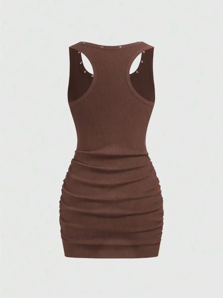 

Brown Ribbed Bodycon Mini Dress With Star Rivet Detail Sleeveless Casual Punk Style