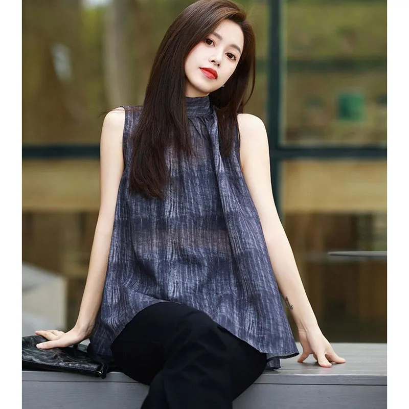 

Fashion Stand Collar Lace Up Bow Sleeveless Tie Dye Blouses Female Clothing 2025 Summer New Loose All-match Tops Korean Shirts