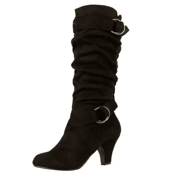 Damen Vintage Wildleder Kniestiefel mit Runder Zehenkappe und Stiletto-Absatz, Western-Cowboy-Stil, für den Alltag, Modische Wadenstiefel – Detail 5