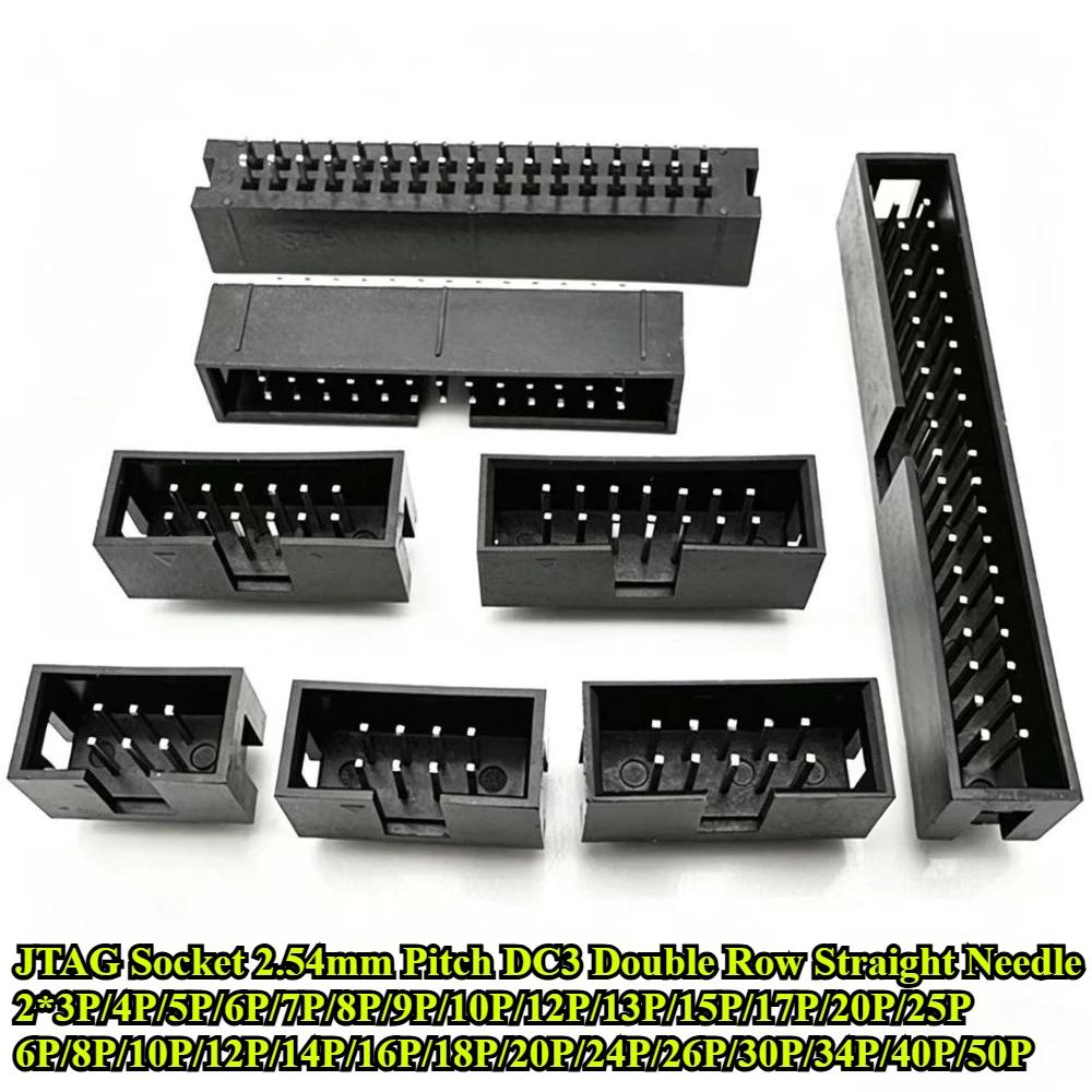 DC3 2.54mm Pitch Through Hole 6 8 10 12 14 16 18 20 24 26 30 34 40 50 Pin Straight Male Shrouded PCB IDC Socket Box Header JTAG