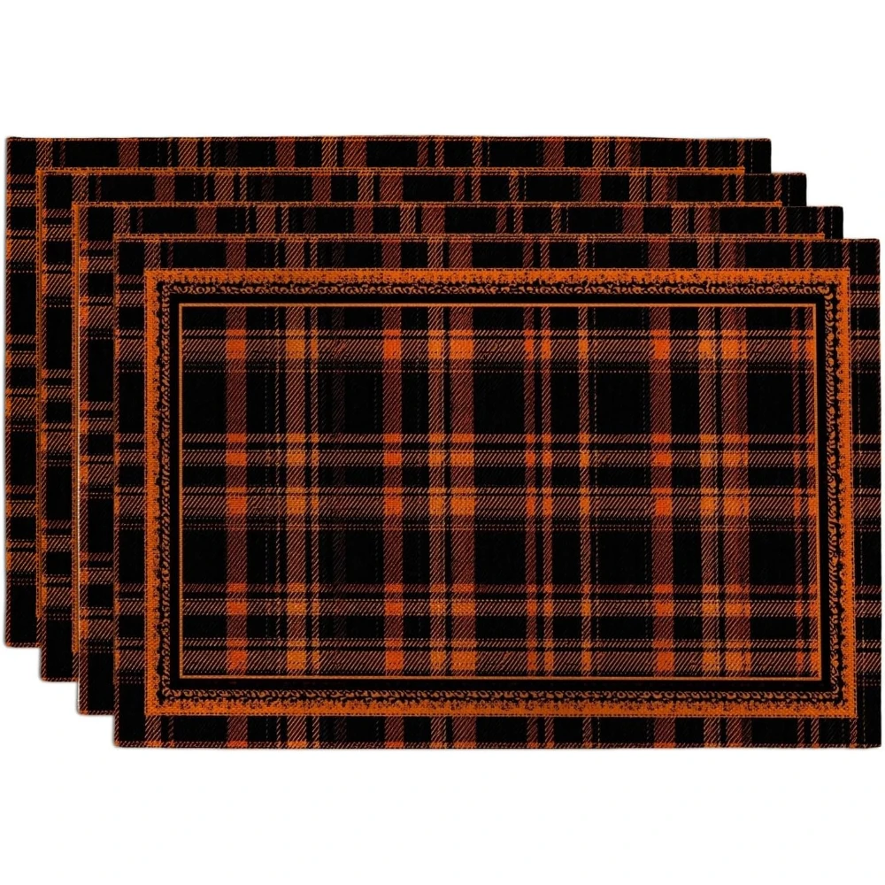 

Autumn Harvest Plaid Placemats, Orange and Black Checkered Table Mats for Fall Dining, Non-Slip Washable Indoor Outdoor Party