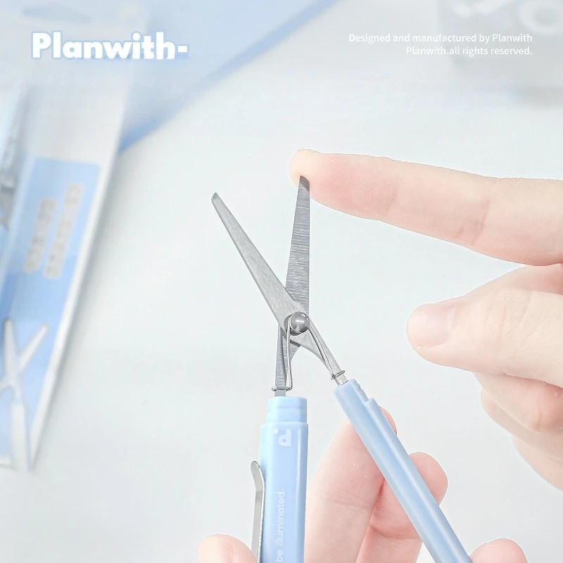 1 Piece Ins Simplicity White Blue Color Pen-Shaped Scissors Mini Rounded Corner Spring Scissors Safe Office Paper Cutting Craft