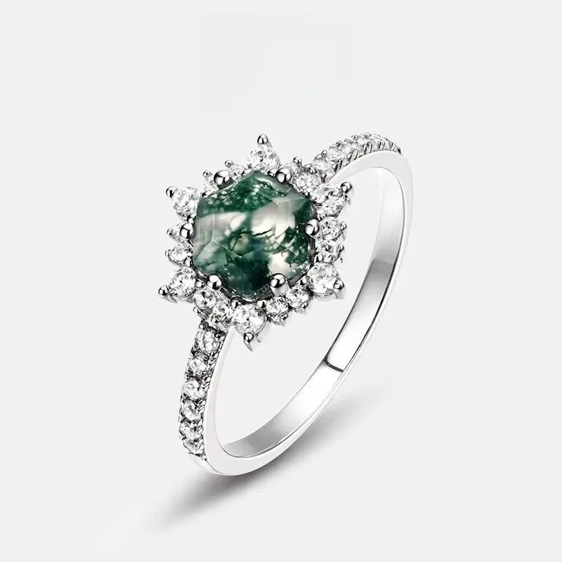 

Green Moss Ring Moissanite S925 Silver Plated 18K Gold PT950 Platinum Water Grass Agate Fashionable and Noble