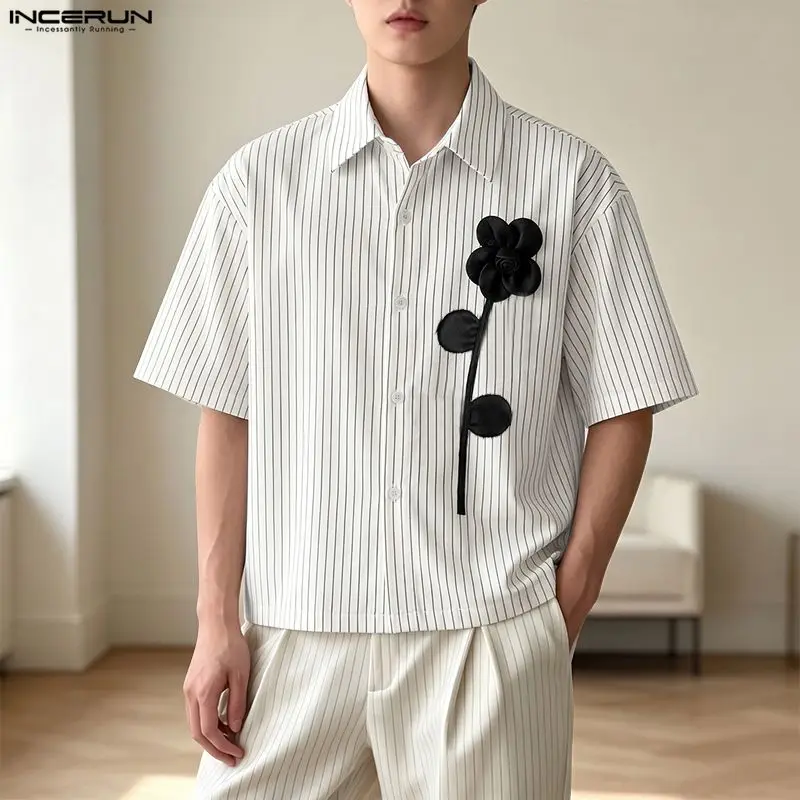 INCERUN Men's Shirt Flower Striped Patchwork Lapel Short Sleeve Men Clothes Loose Streetwear Korean Style Casual Tops For Man