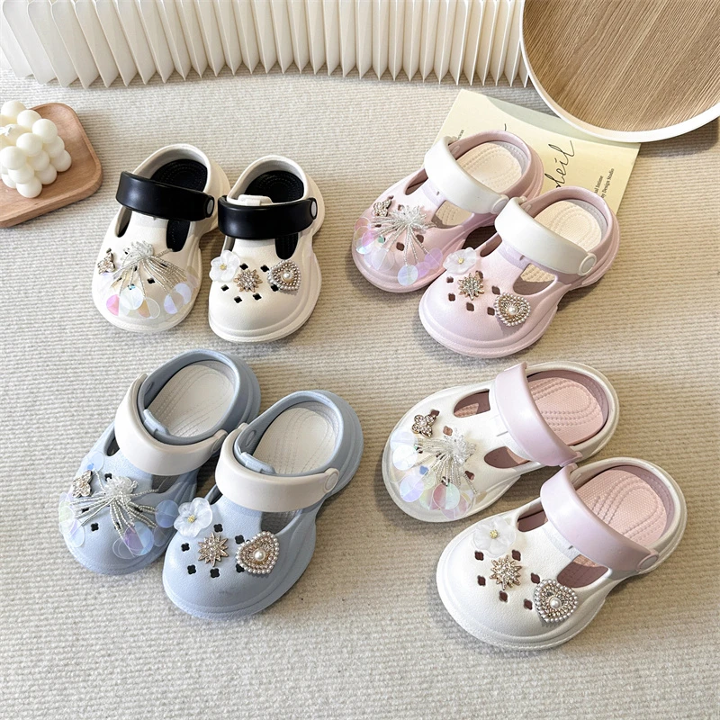 

Cartoon Chain Crystal Flower Heart Clogs Boys and Girls, Parent-Child Outdoor Slippers, Non-Slip Height-Increasing Closed-Toe