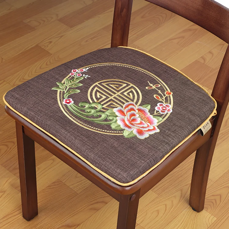 Custom Chinese Embroidered Lucky U Shape Seat Cushions Dining Office Chair Pads Replaceable Non-slip Linen