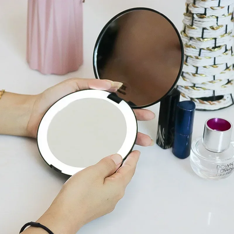 Miroir de maquillage pliant LED portable avec lumière, grand miroir rond double face, couvercle rabattable grossissant 2X, miroirs de maquillage pliants