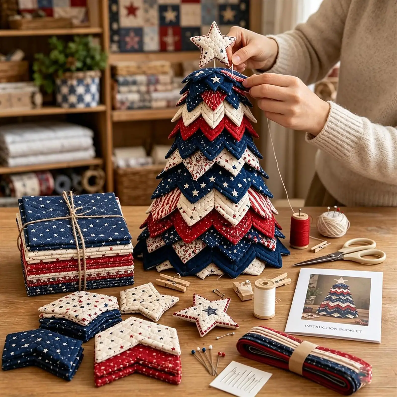 Christmas Tree Quilt Kit DIY Fabric Layered Decoration Sewing Craft Set Handmade Home Mantel Ornament for Adults Beginners Gift