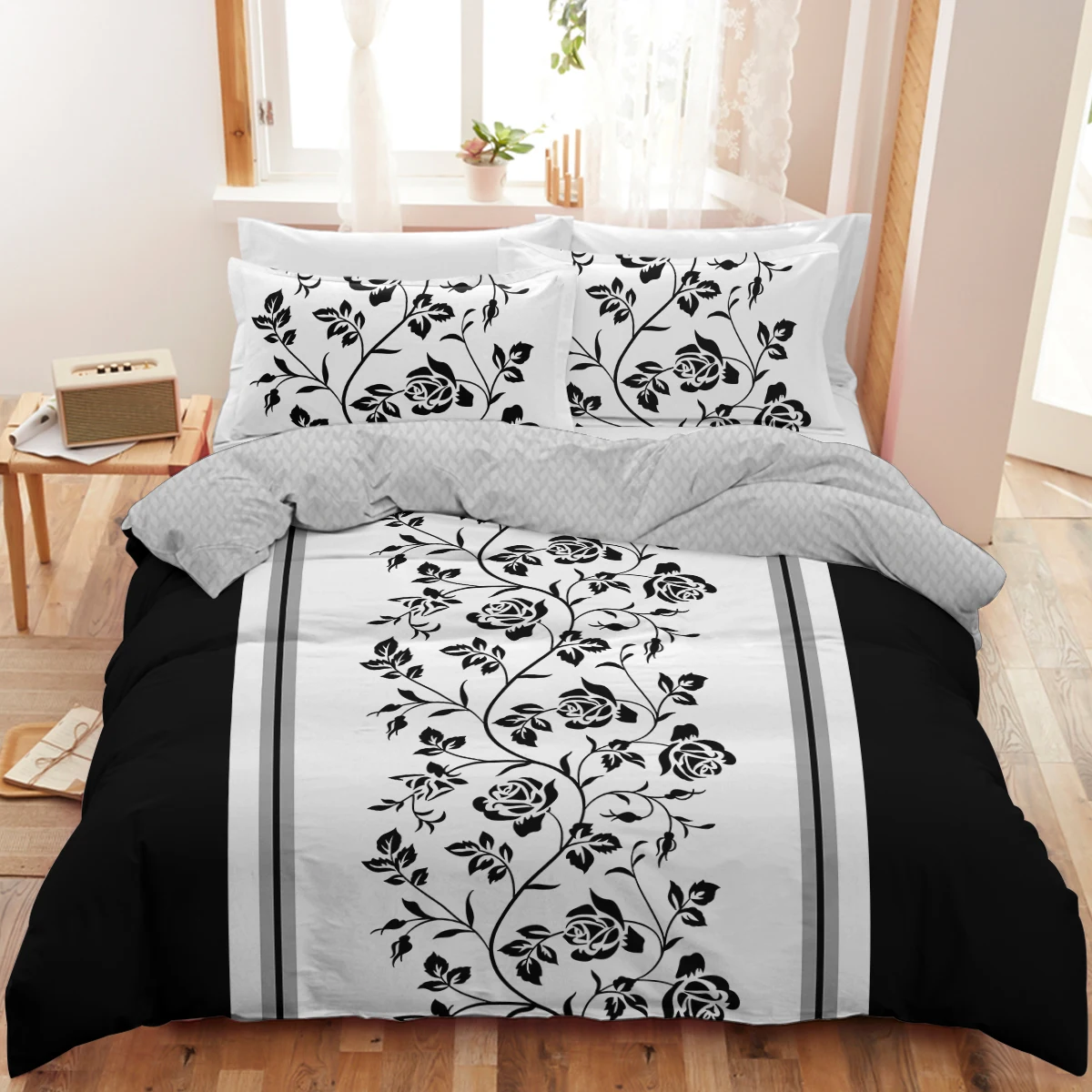 BeddingOutlet Water Ink Flower Pattern Duvet Cover Black White Rose Bedding Set Microfiber Comfort Quilt Cover With Pilowcases