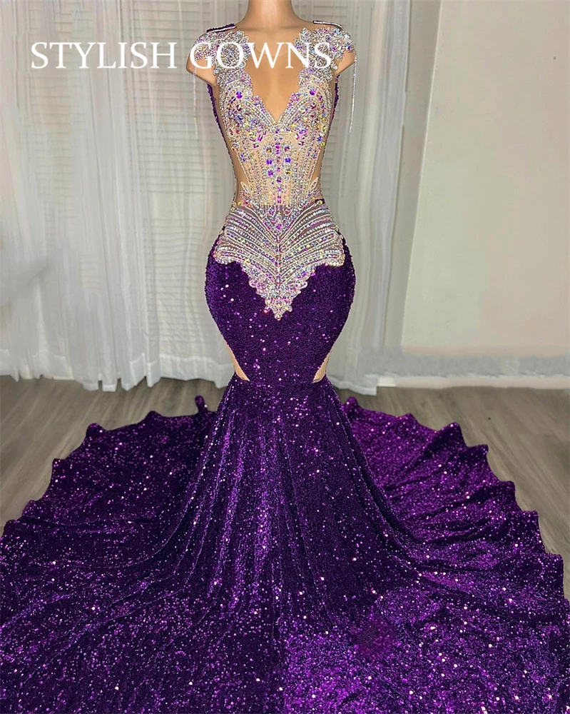 Purple Long Prom Dress For Black Girls Beaded Crystal Rhinestone Birthday Party Gowns Sequined Evening Dresses Customized