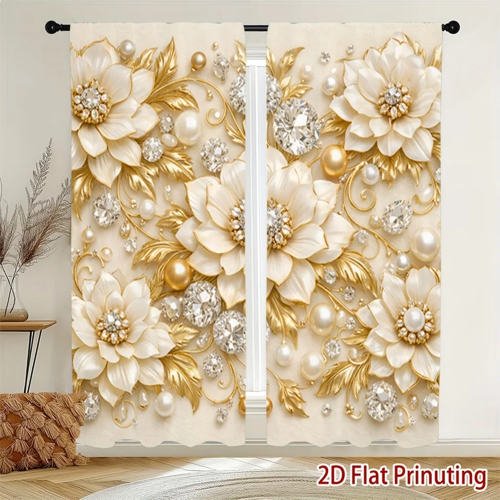 2PCS Digital Printed Curtains, White Gold Flowers Luxurious Elegant Floral, Window Drapes for Living Room Bedroom Home Decor