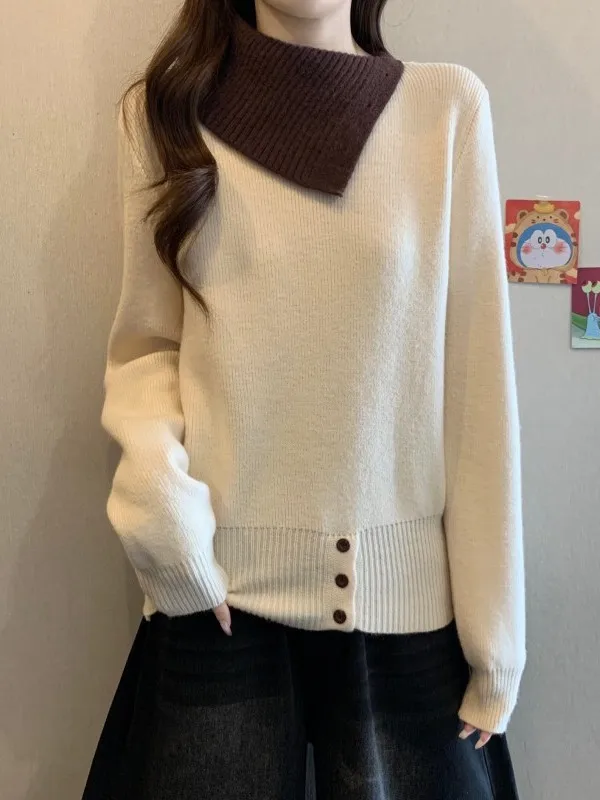 

plus Size Knitted Sweater Long Sve Turn-down Collar Women's Inner Wear Autumn Winter Slimming Top French Sle Loose Fit