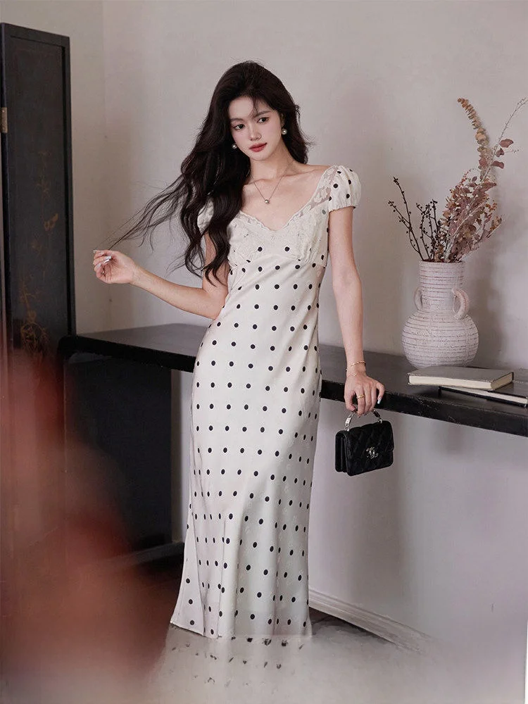 

Retro Polka Dot Lace Trim Slim Fit Fish Tail Dress Vintage Floral Satin High Waist Short Sleeve V Neck Side Zipper