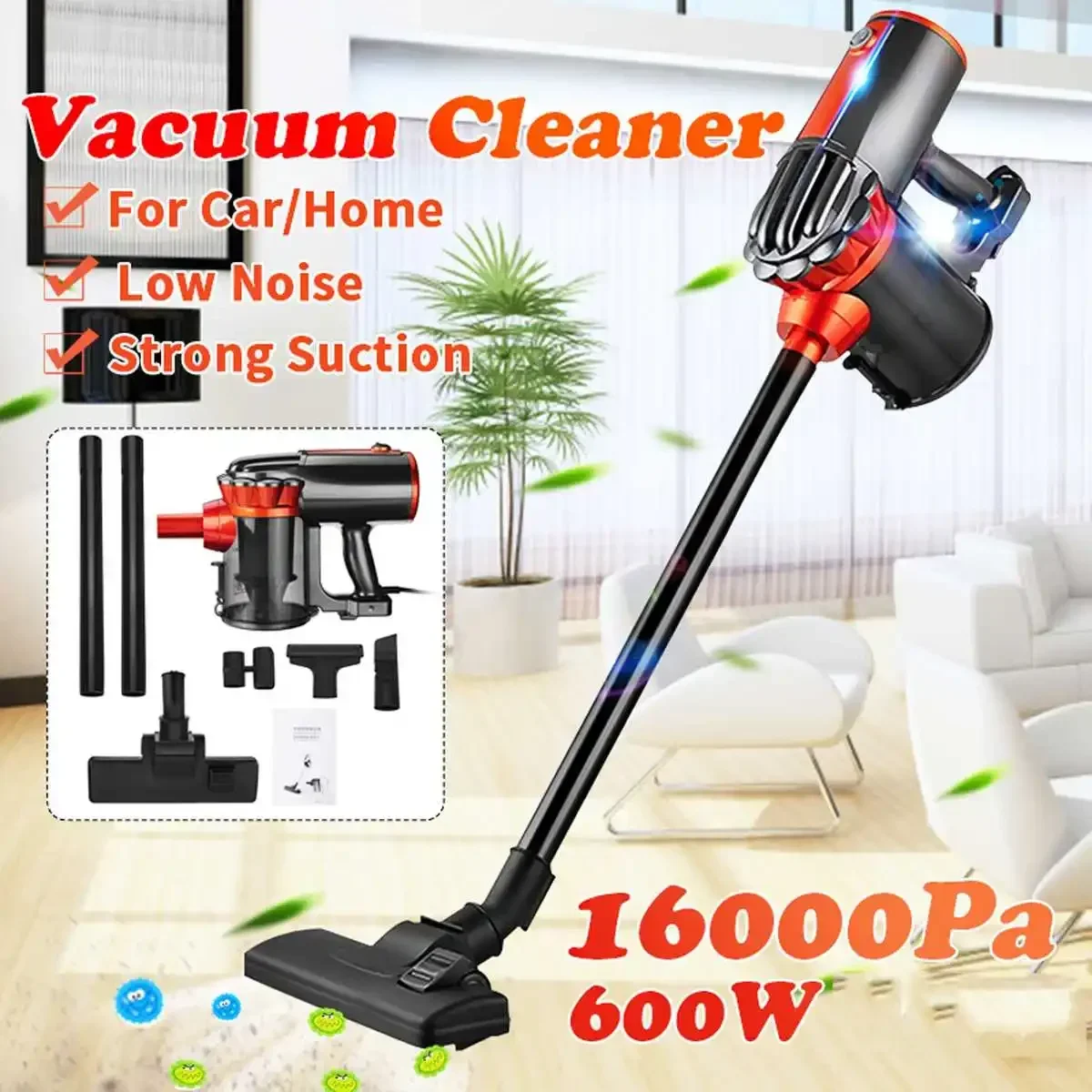 600W Portable Handheld Vacuum Cleaner Low Noise Multifunctional Cleaner Strong Suction 16000Pa Dust Collector Aspirator 2 In 1