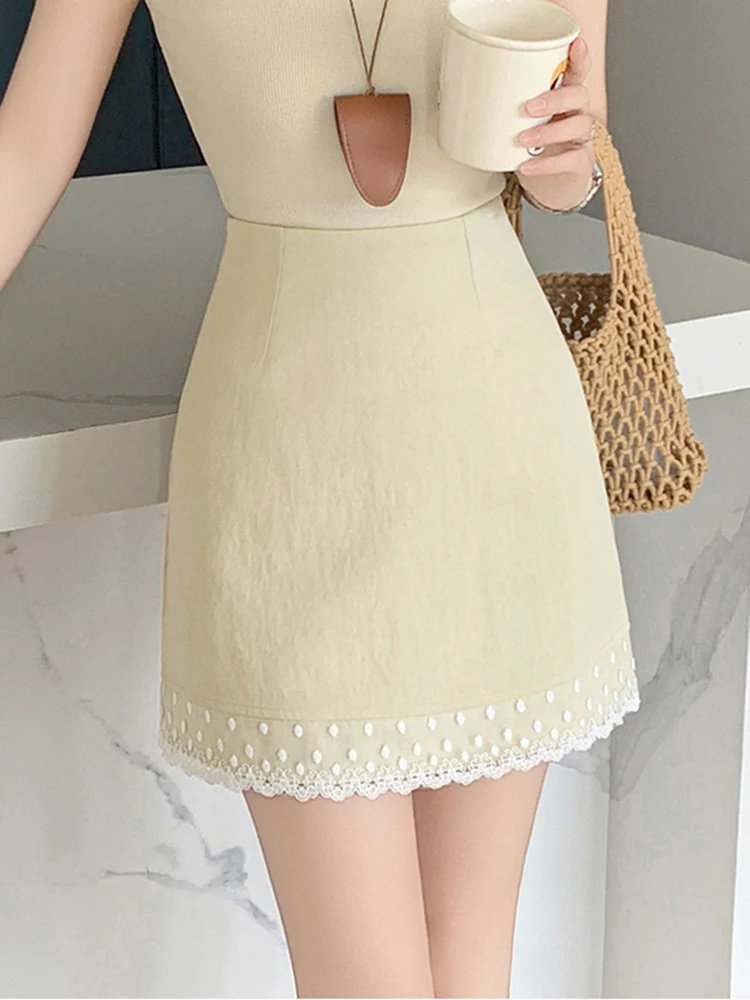 Fashion Summer Lace Mini Skirt Women High Waist A-line Splicing Bodycon Preppy Kawaii Skirts Woman Blue Black Yellow Jupe Short