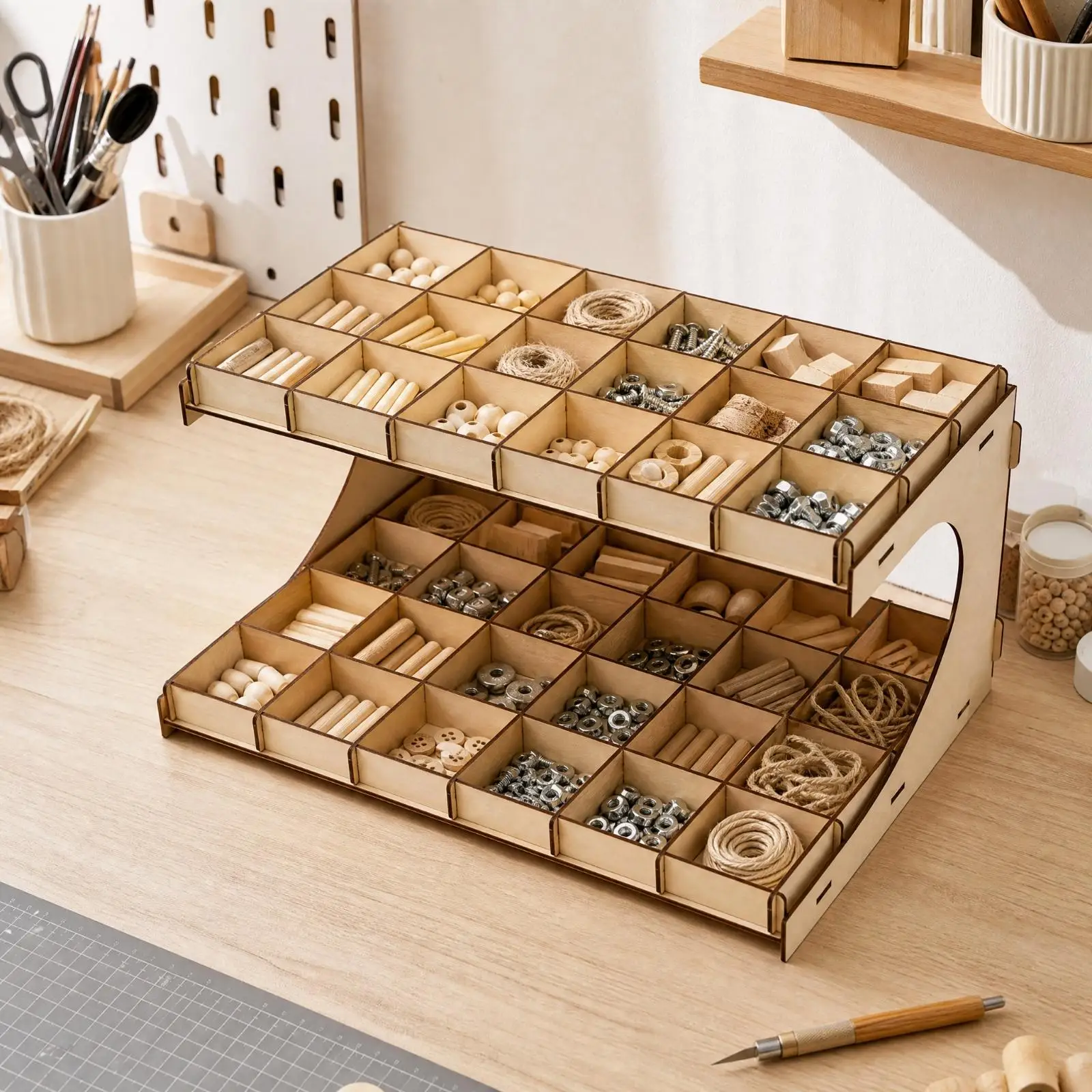 Hobby Craft Component Rack Wooden Tray for DIY Materials and Model Building Tools on Workbench