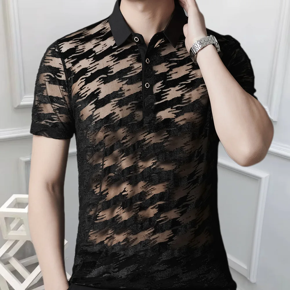 Boss Polo For Male Jacquard Men Transparent Polo Homme De Marque Haute Qualite See Through Mesh Club Party Men Polo Shirt