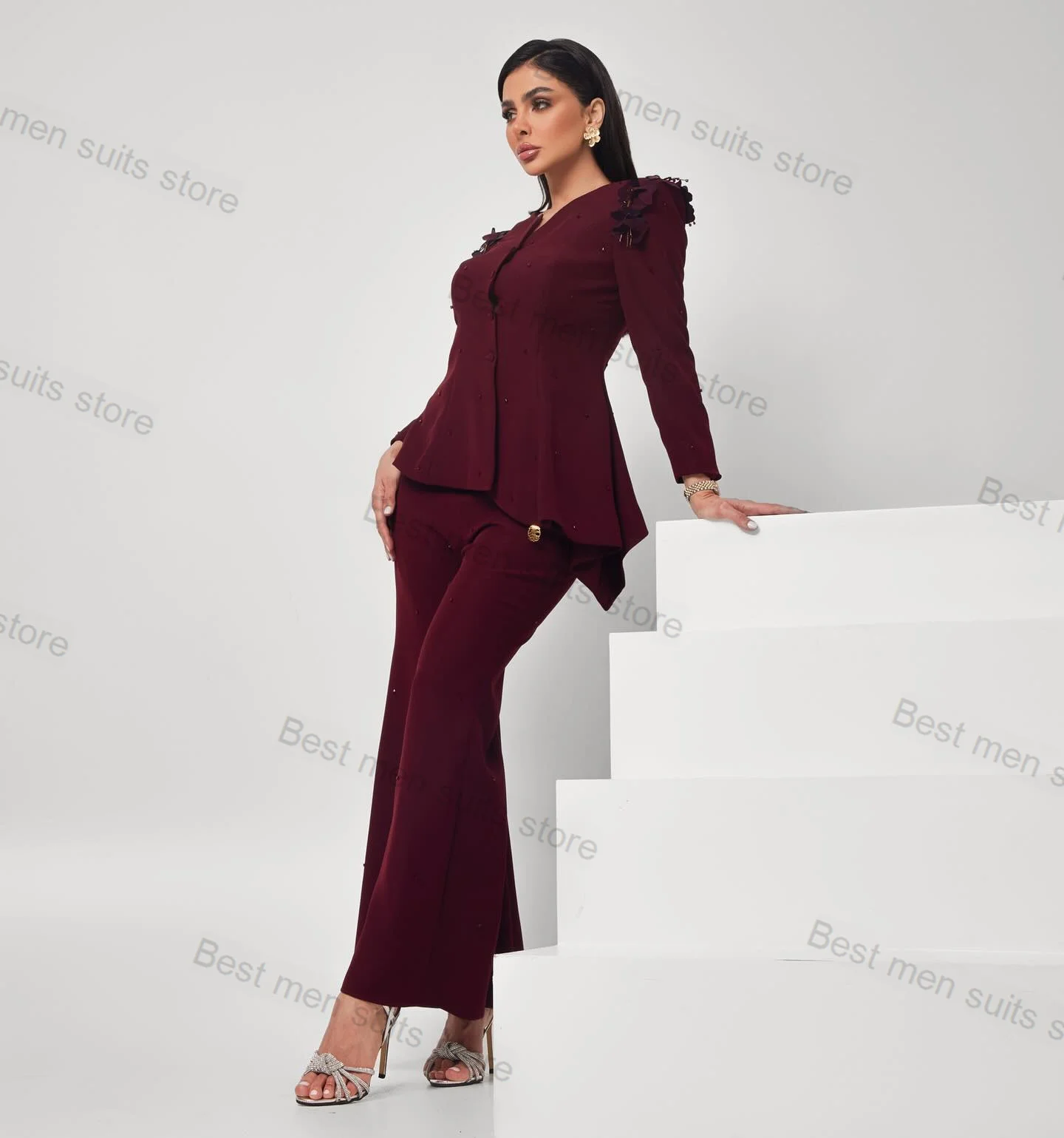 

Burgundy Crystals Formal Women Suit Set 2 Piece Blazer+Pants Flower Wedding Tuxedo Custom Made Formal Office Prom Jacket Coat