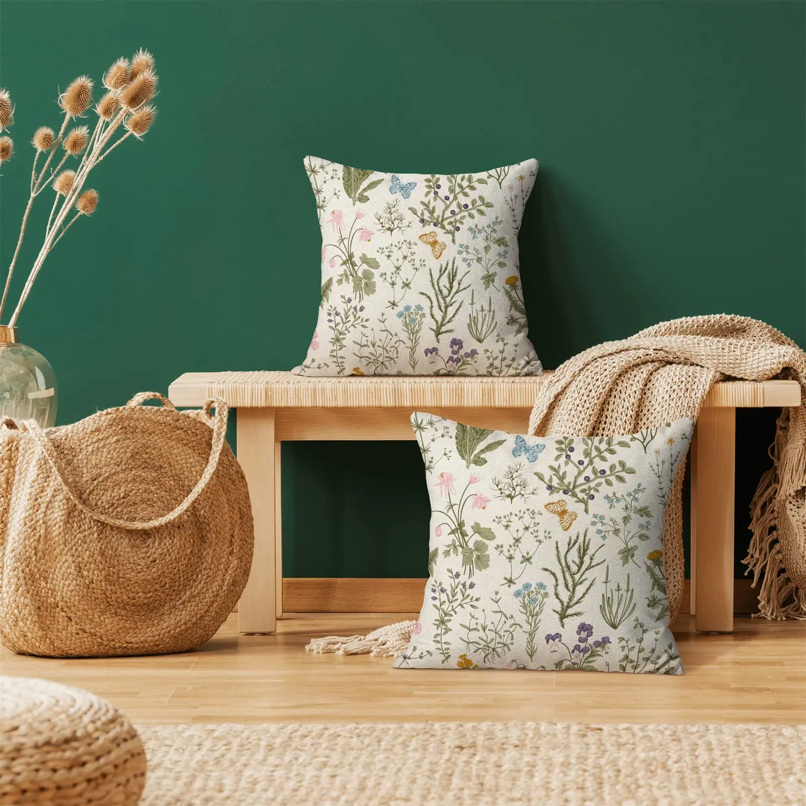 

Spring Pillow Covers Set of 2,Sage Green Wild Flower Plant Throw Pillows Case,Floral Square Linen Farmhouse Covers for Home So