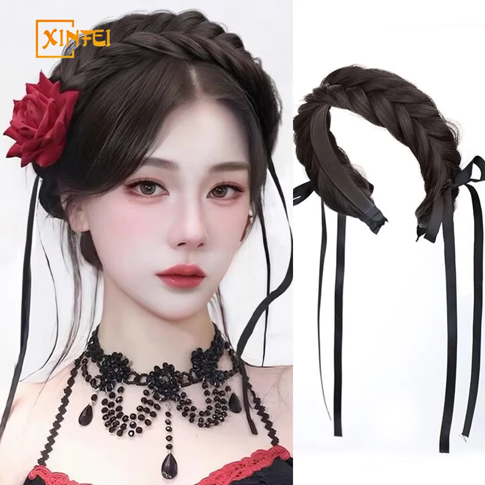 XINFEI Synthetic Wig Fake Hair Braided Hairband Fishbone Pearl Braided Headband Twist Hair Band Hairpin Headwear For Women