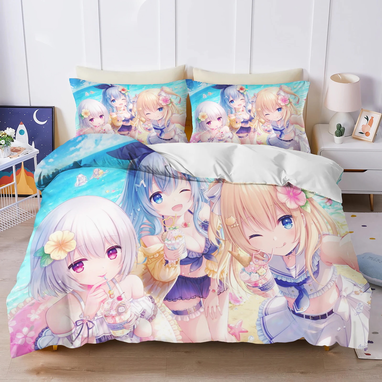 

Anime Polyester Quilt Cover Set, Beautiful Girl, Comfortable Bedding, Dopamine Color, Breathable Bedding for Teenager Children