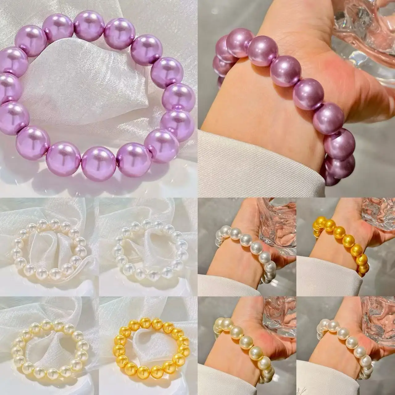 12mm Fall Winter French Instagram Style High-Quality Faux Pearl Stretch Bracelet, Large Round Beaded Hand Chain for Women