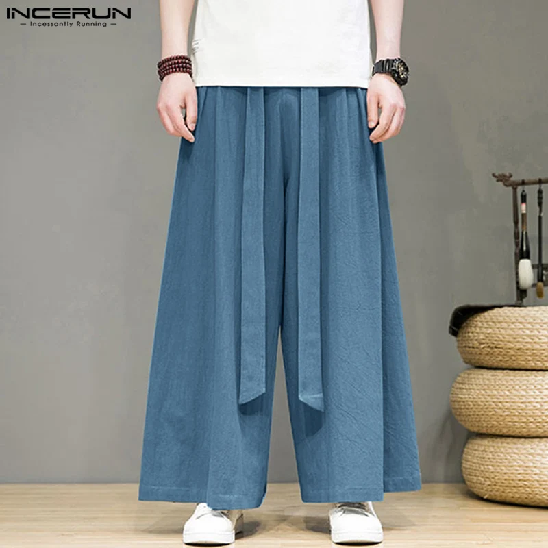 INCERUN Men Wide Leg Pants Solid Color Drawstring Cotton Loose Casual Trousers Men Vintage Joggers 2024 Streetwear Joggers Pants