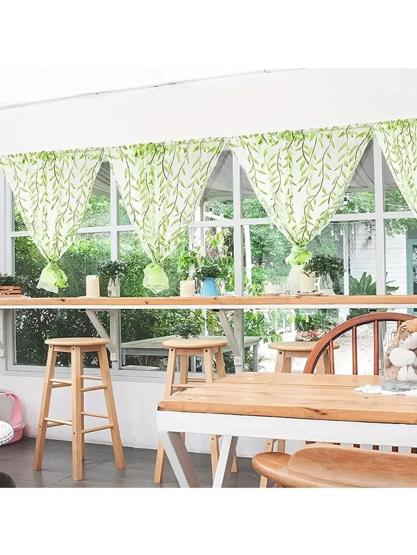 Two Instagram-inspired, forest-themed willow branch curtains with willow leaf pattern, finished window sheers with printed wee