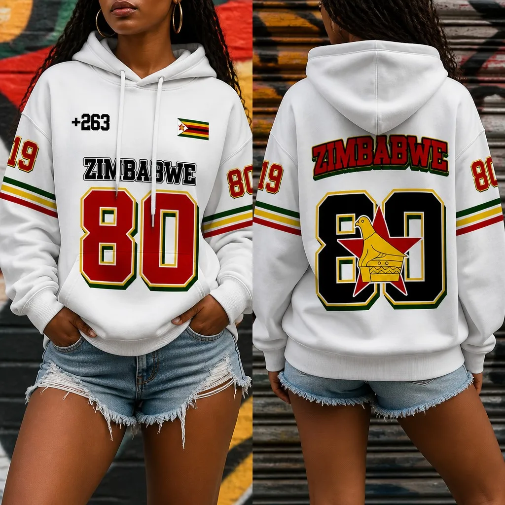 Women's Zimbabwe Flag Hoodie Number 80 Graphic Print Pullover Long Sleeve Pocket Sweatshirt Autumn Winter Streetwear Top