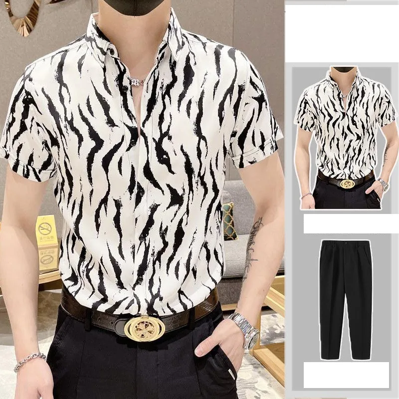 Men\'s Short Sleeve Button Turn-down Collar Cardigan Leopard Printing Shirt High Waisted Solid Pockets Casual Vintage Pants Sets