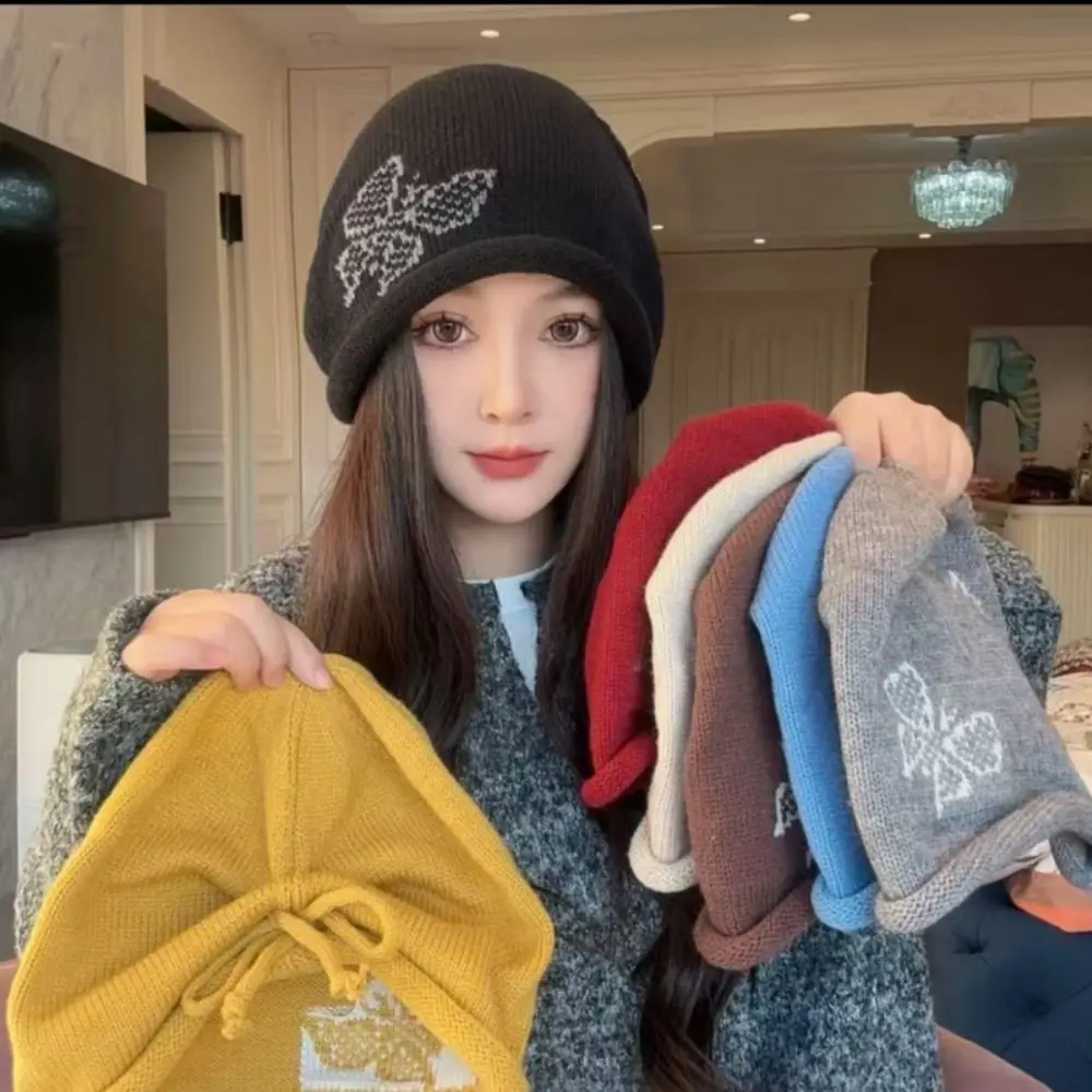 캐주얼 나비 패턴 니트 울 모자 방풍 두꺼운 커버 헤드 캡 방한 보온 드로스트링 비니 캡 여성용