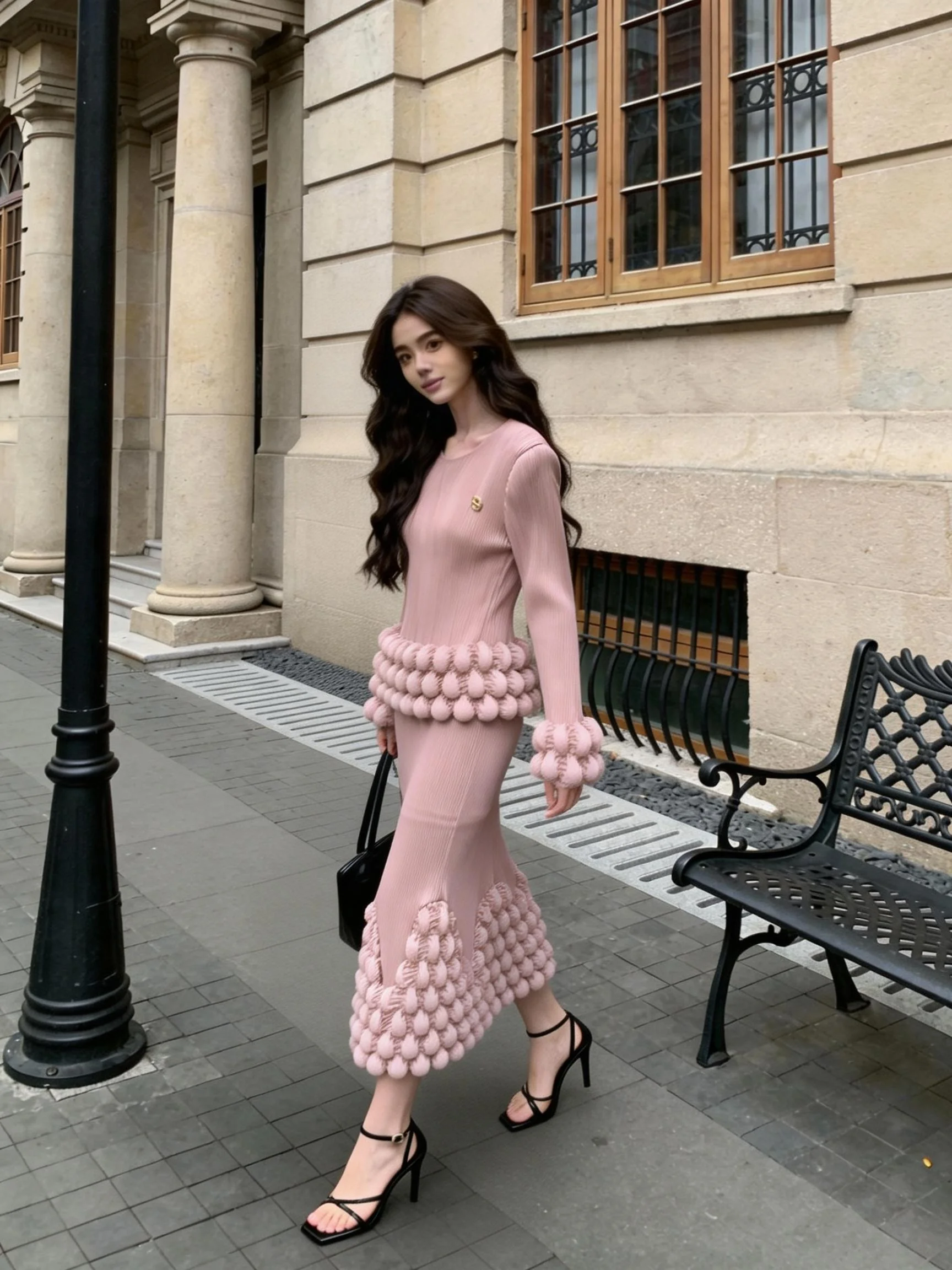 

Miyake Niche Deisgn Women's Pleated Two Pieces Set Pleated O-neck Beaded Petal Hem Chic T-shirt and Elastic Waist Skirt 2AC6668