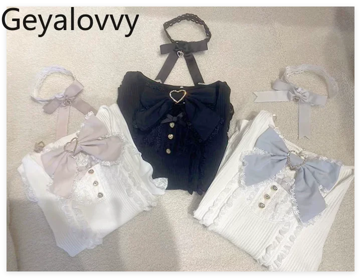 

Japanese Lolita Knit Tshirt Mass-produced Soft Girl Sweet Cute Large Bow Neck Strap Layering Top New Summer Knitted Shirt Women