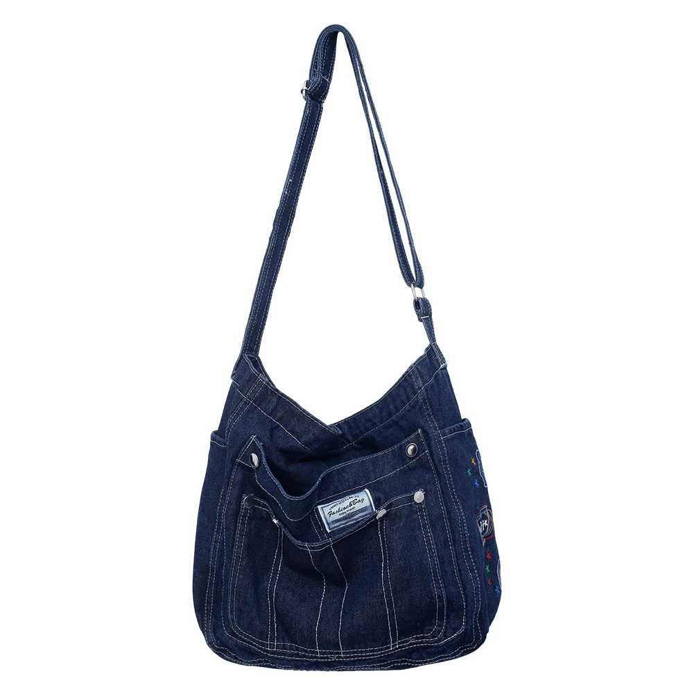 Bolsa jeans multibolso feminina, bolsa de ombro de grande capacidade, moda casual e simples, fim de semana