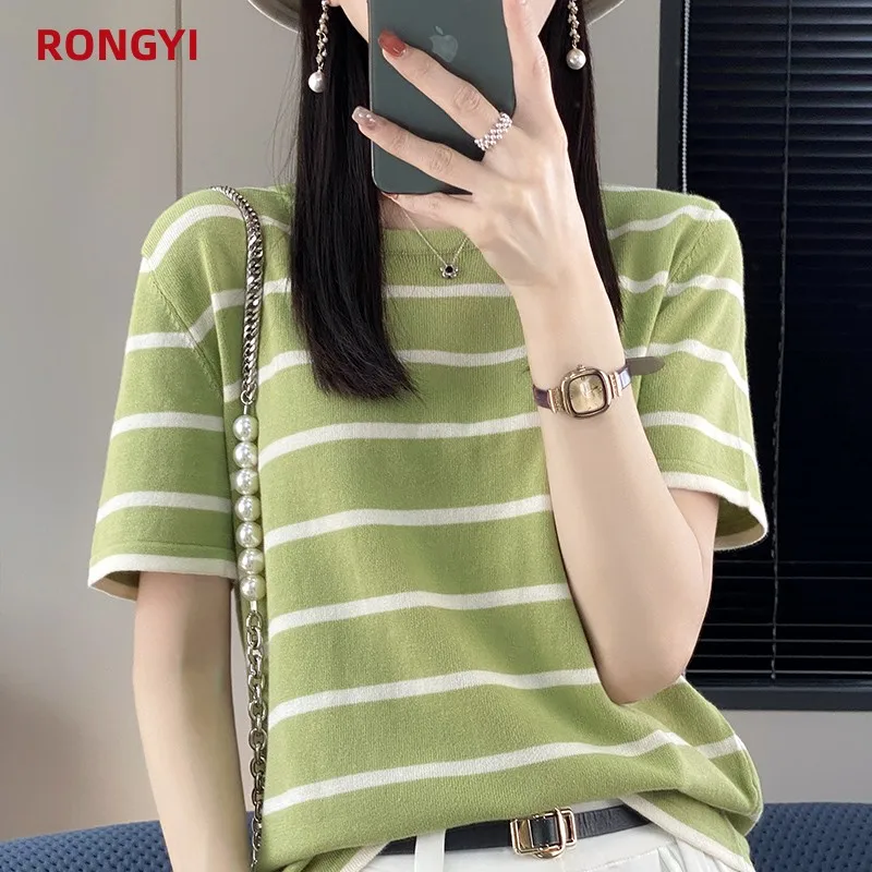 RONGYI Spring And Summer 100% Cotton Women\'s O-Neck Pullover Short Sleeve T-Shirt Striped Knitting Fashion Casual Spacious Top