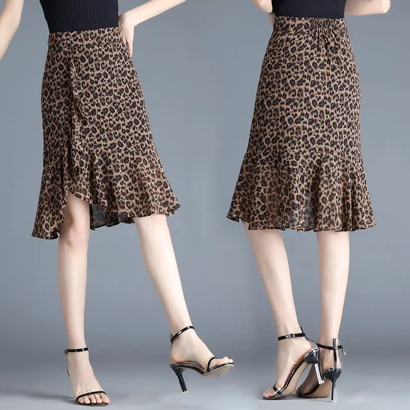 Fashion Printed Irregular Ruffles Leopard Chiffon Skirts Women Clothing 2024 Autumn New Loose Elastic High Waist Mermaid Skirts