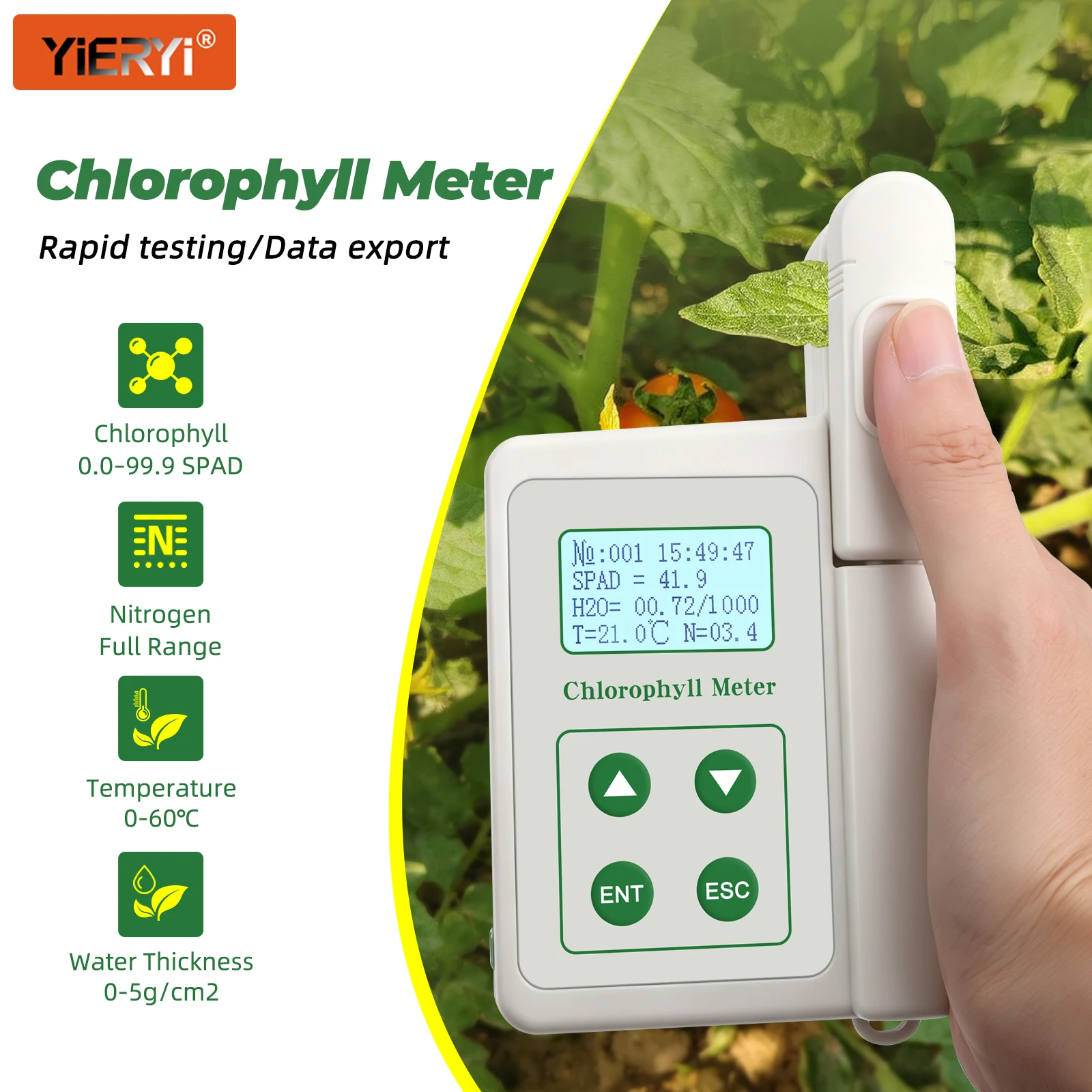 Medidor de Clorofila 4 en 1 YIERYI, Medidor de Nitrógeno SPAD, Medidor de Temperatura y Humedad de Hojas, Detector Digital de Nutrientes para Plantas con Tarjeta SD de 2GB