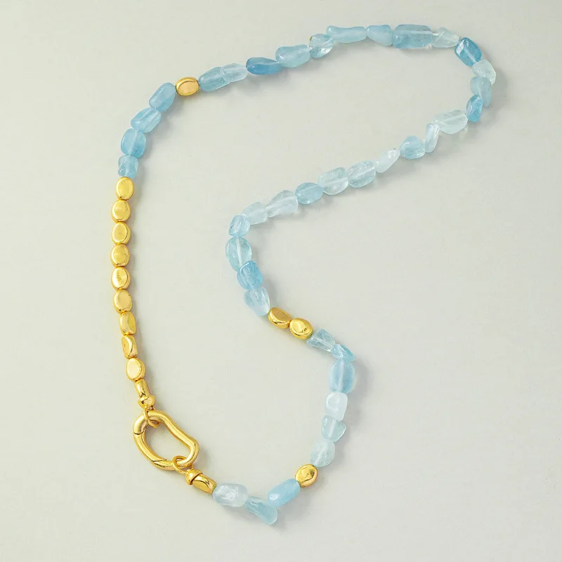 Niche Design Light Luxury Natural Aquamarine Beaded Meatal Beads Spliced   fashionable Temperament Necklace Bracelet Set