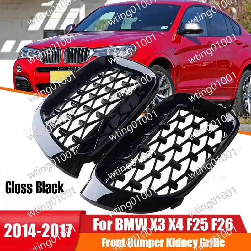for BMW X3 F25 X4 F26 2014-2017 Diamond Pattern Front Bumper Sport Kidney Grille Black Racing Style Replacement Auto Parts