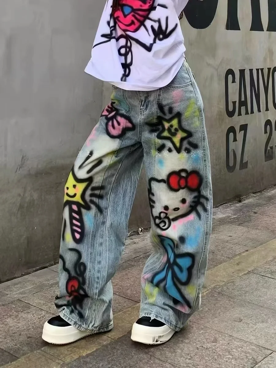 

American Style Graffiti Hand-Painted Lazy Drag Knife Jeans Women's Retro Heavy-Duty High Waist Straight Leg Jeans