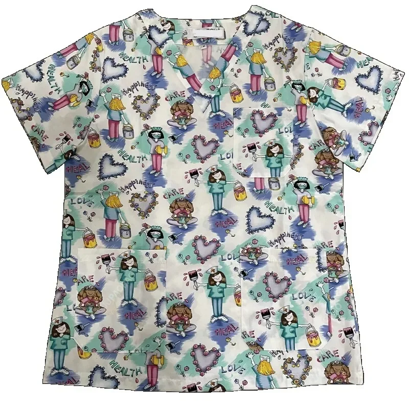 Tops de enfermera estampados, uniforme médico veterinario para mujer, cuello en V, ropa de trabajo, abrigo de enfermería