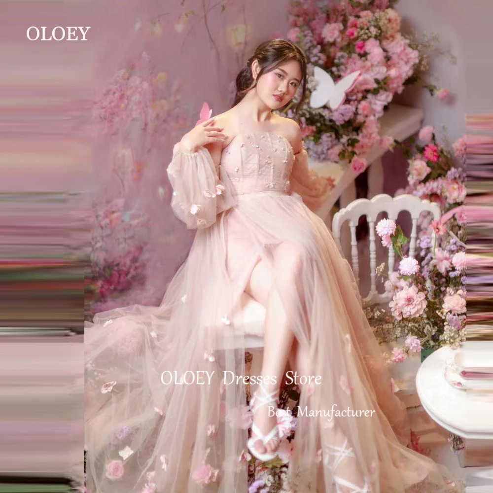 

OLOEY Fairy Soft Tulle Long Prom Dresses Korea Wedding Photoshoot Strapless Puff Long Sleeves Split Elegant Bride Dress Corset