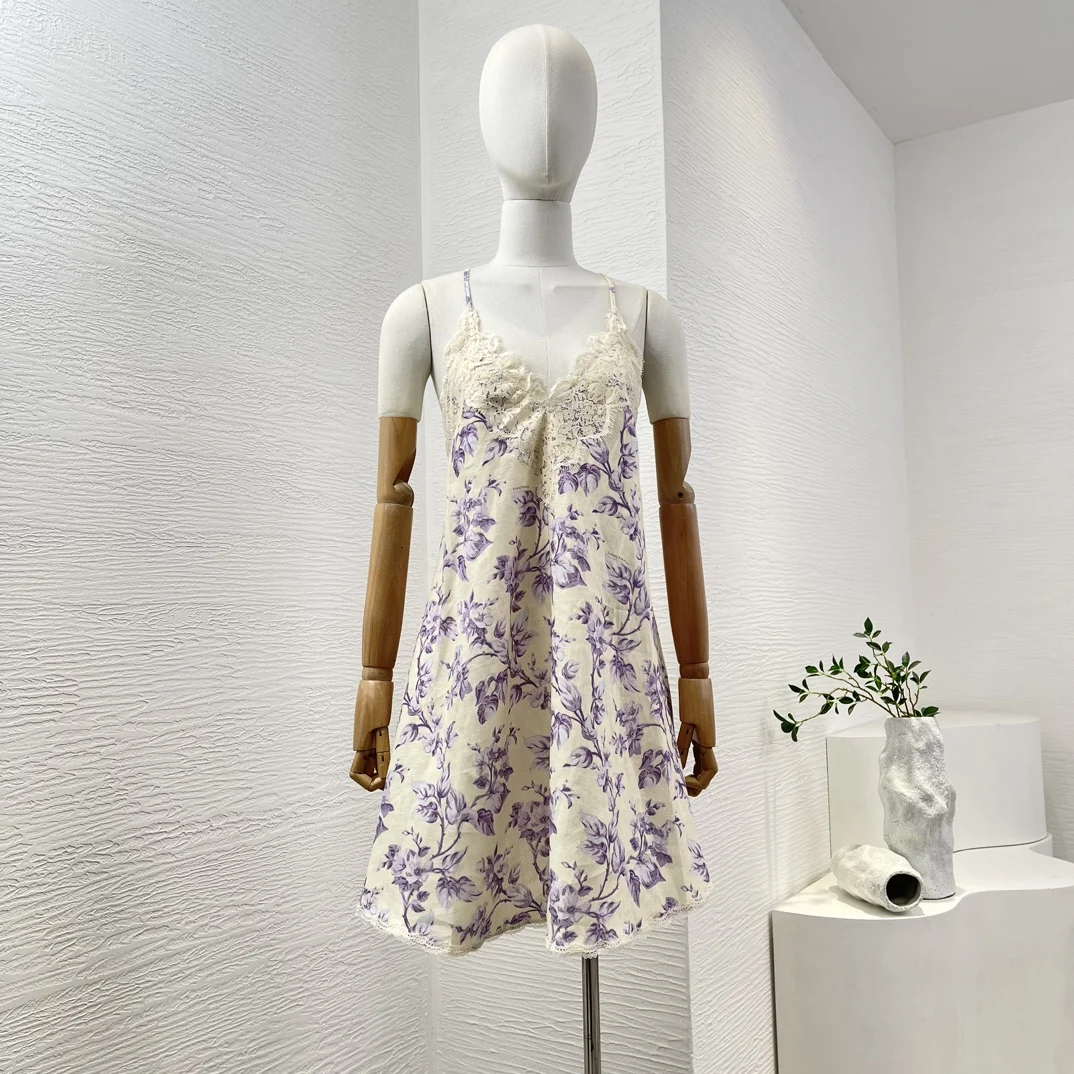 Floral Print Sleeveless Sling Pleat Backless Lace Patchwork Mini Dress 2025 Linen