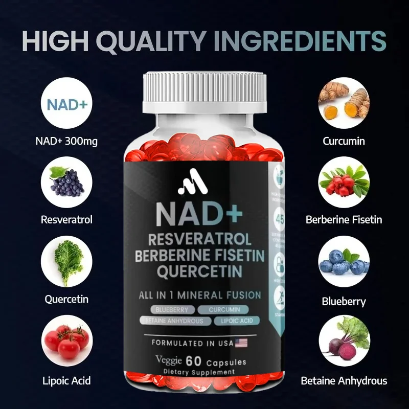 9355mg Liposomal NAD Supplement Capsules Containing Trans Resveratrol, Quercetin, Berberine, Betaine, Fisetin 60 Capsules
