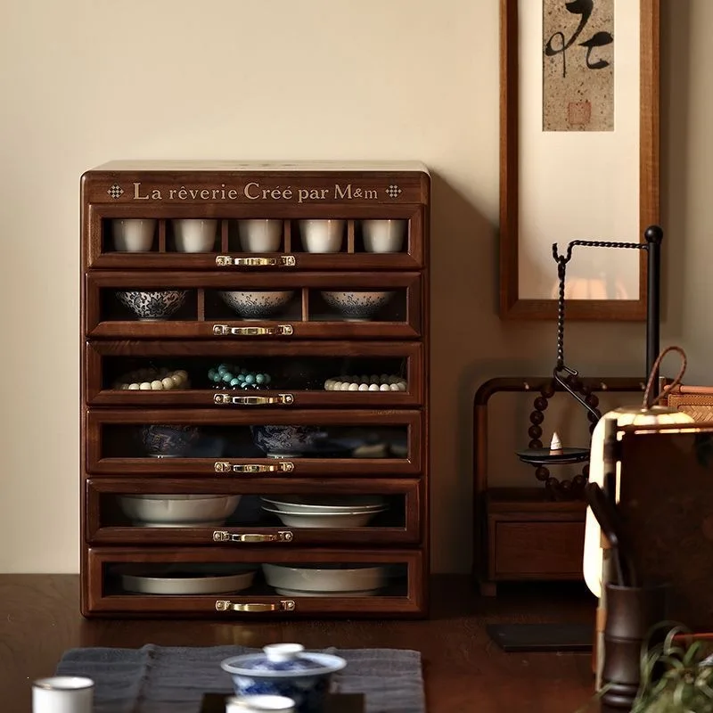 Authentic North American black walnut 6 pumping dental cabinet solid wood retro storage jewelry Wenwan tea set storage cabinet