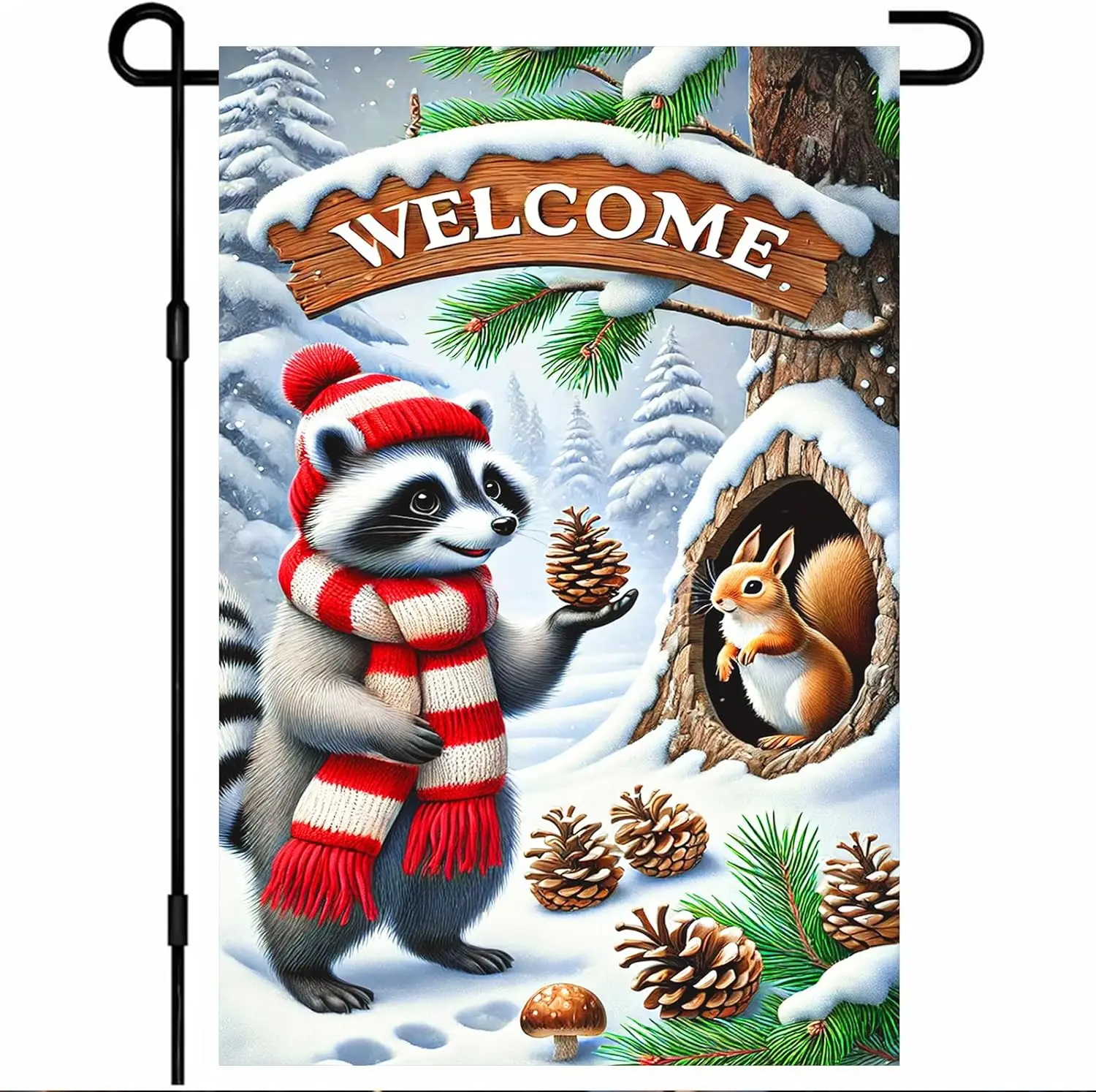 Welcome Winter Garden Flag Raccoon Squirrel Flag Snowy Forest Pinecones Festive Outdoor Yard Decor 12x18 Inch Double Sided B hhz