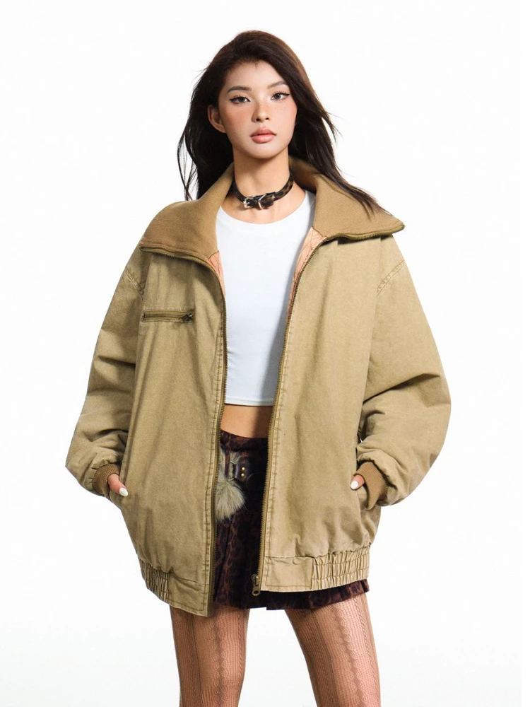 

Warm Thi Cotton Jaet N52TRW Winter Casual High Collar Loose Fit Youth Leisure Workwear Zipper Decoration Long Sve Coat