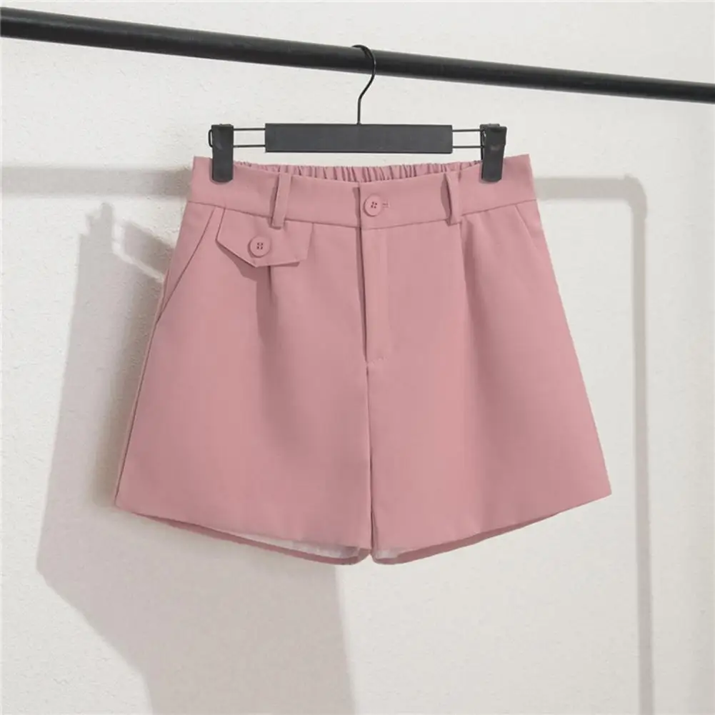 Summer Women Shorts Mid Waist Pockets Buttons Casual Match Top Soft Fabric Plus Size Elastic Waist Short Pants Women Clothing