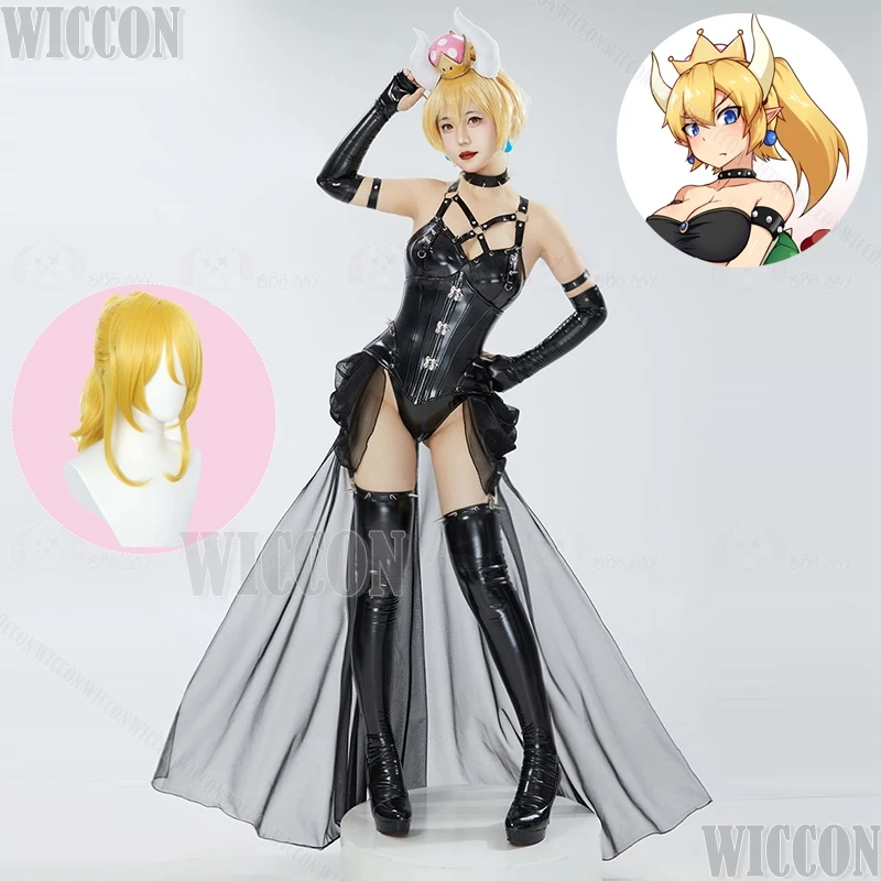 

Women Black Princess Suit Cosplay Sexy Bowsette Doujin Peach Cosplay Costume Wig Cute Halloween Latex Suit Anime Girl Sexy Dress