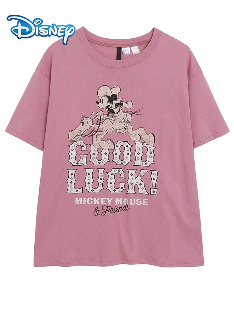 

Disney T-Shirt Cowboy Mickey Mouse Letter Cartoon Print Fashion Women Streetwear O-Neck Pullover Short Sleeve Tee Tops Female